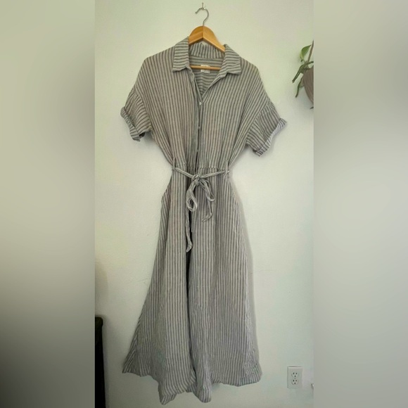 esby apparel savannah jumpsuit 100% linen grey/navy stripe size M - Picture 3 of 11